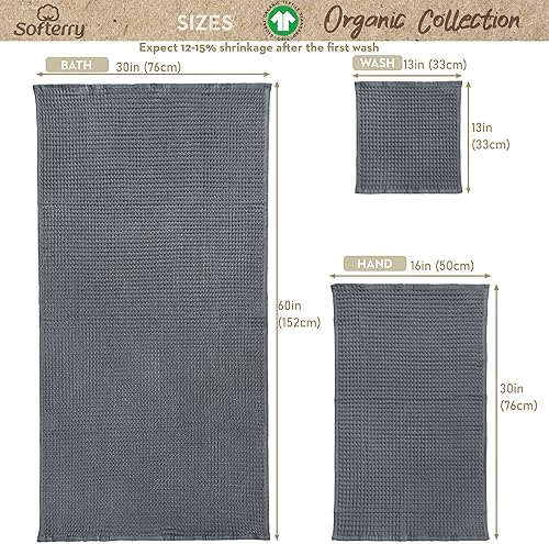Miniatura 9 de Softerry Juego de toallas de baño europeas de tejido gofre, 100 % algodón orgánico, secado rápido, sin pelusas, finas y absorbentes, resistentes a