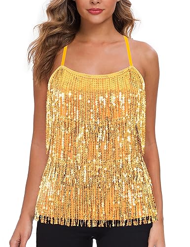 Women’s Sequin Fringe Top Sparkly Party Tank Top Tassel Trim