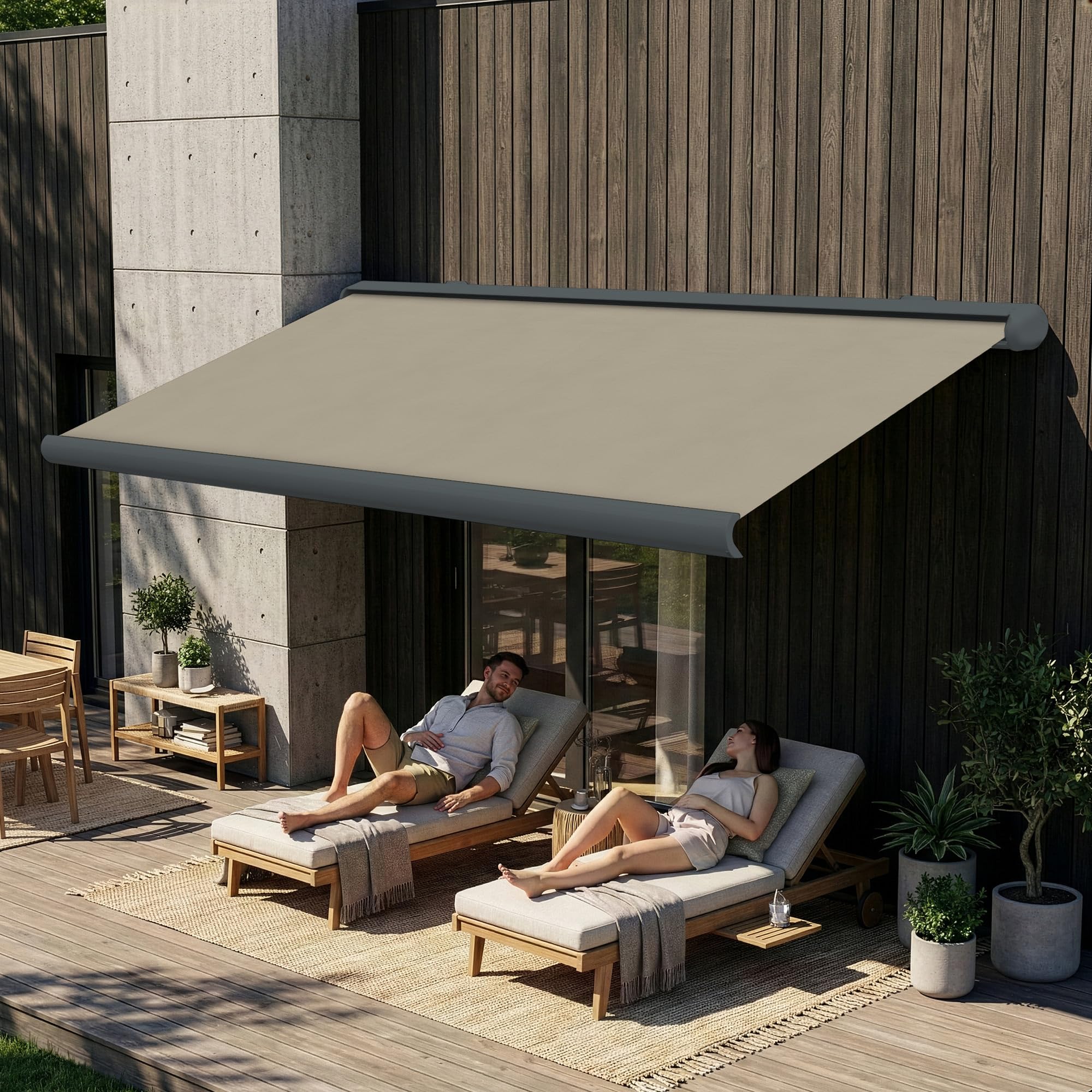 Eclipse Elektryczna markiza kasetowa, 4,0 x 3,0 m, szara obudowa, markiza na balkon, taras, ramię przegubowe, tkanina poliakrylowa, ochrona przed promieniowaniem UV 50+, silnik Dooya kompatybilny z