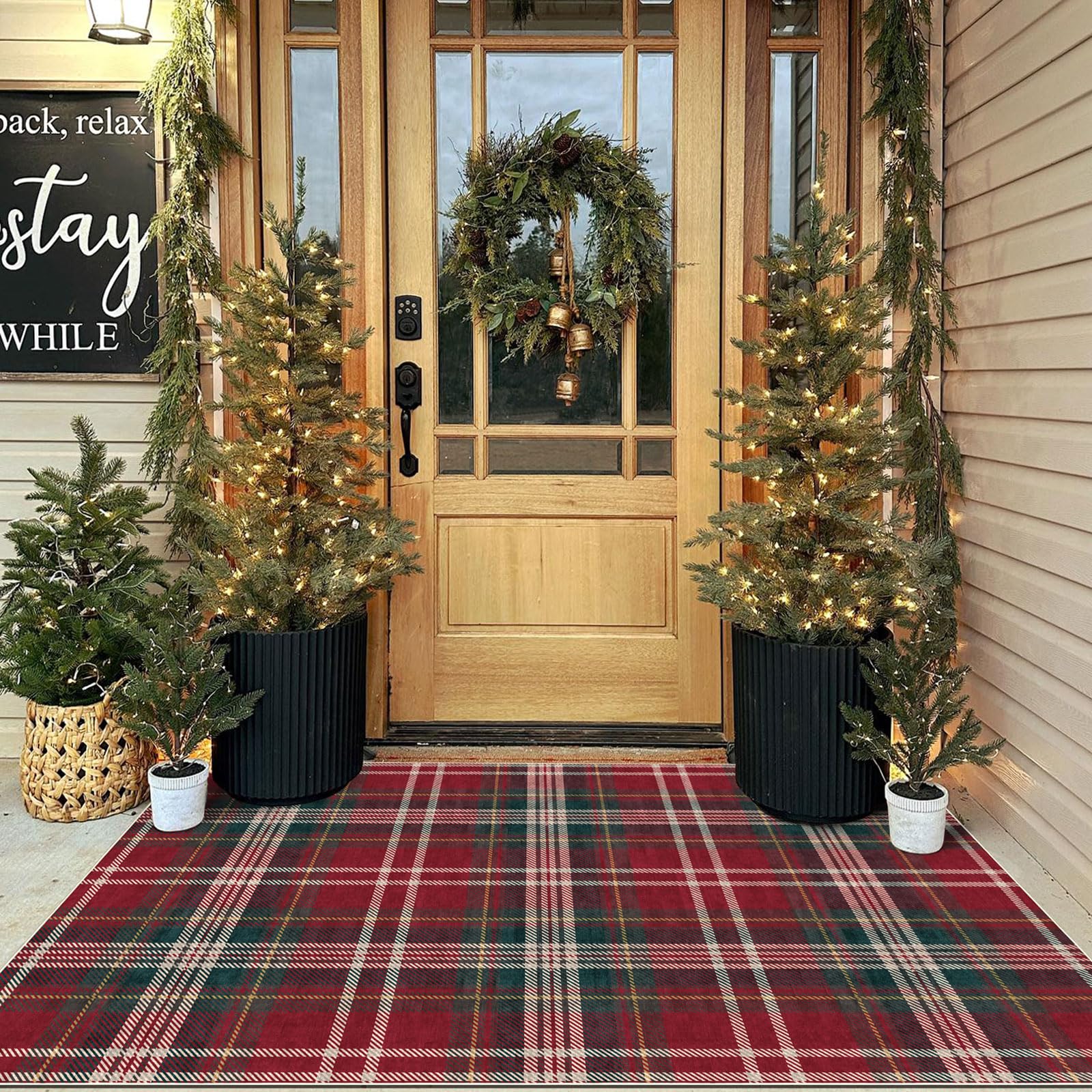 Othilic Christmas 3x5 Entry Rug - Small Washable Indoor Outdoor Mats for Front Door Non-Slip Porch Rug Red Holiday Tartan Plaid Throw Rugs for Living Room Bedroom Entryway Kitchen Office Porch Decor