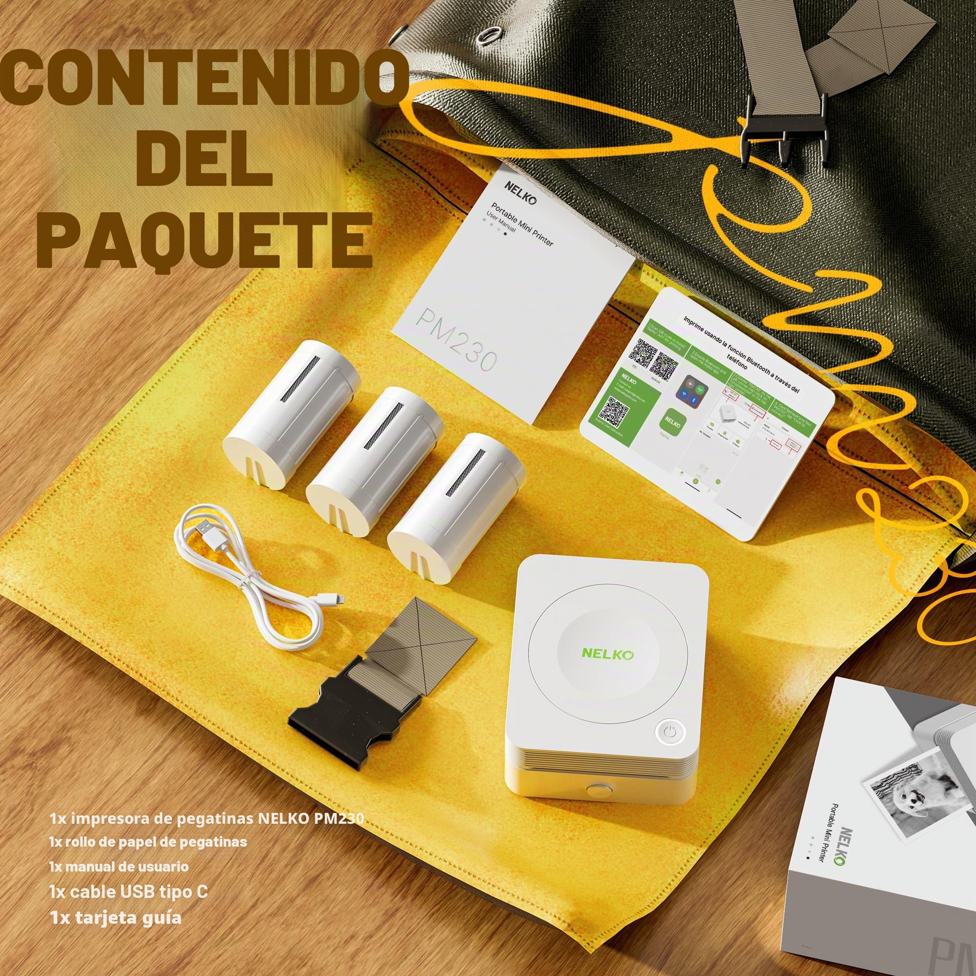 Nelko PM230 Mini Impresora Térmica, Impresora Termica Portatil, Impresora Bluetooth Portatil Inalámbrica, Recargable, con 3 Rollos Papel - para Fotos, Notas, Pegatinas Móvil - iOS/Android