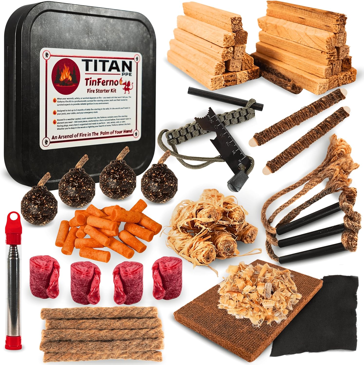 TinFerno Fireplace Beginning Equipment – 100pc Fireplace Starter for Campfires, Ferro Rod, Magnesium Flint, Char Material, Fatwood, Wax Rope, Hemp Wick, Bellows – Tenting, Mountaineering, Bushcraft & Reward – Emergency Fireplace Equipment