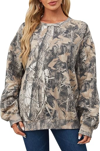 Eutten Womens Camo Sweatshirt Maple Leaf Print Oversized Camo Crewneck Sweatshirt Fleece Pullover Hoodies Long Sleeve