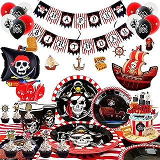 Pirate Birthday Party Supplies,161pcs Pirate Party Decorations&Tableware Set-Pirate Haging Swirln&Pirate Plates Cups Napkins Tablecloth Banner Balloons etc Pirate Birthday Party Decorations for Boys