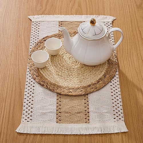 Miniatura 5 de Juego de 6 manteles individuales bohemios hechos a mano, arpillera de algodón natural y paja de agua, tejido de ratán trenzado, combinados, manteles