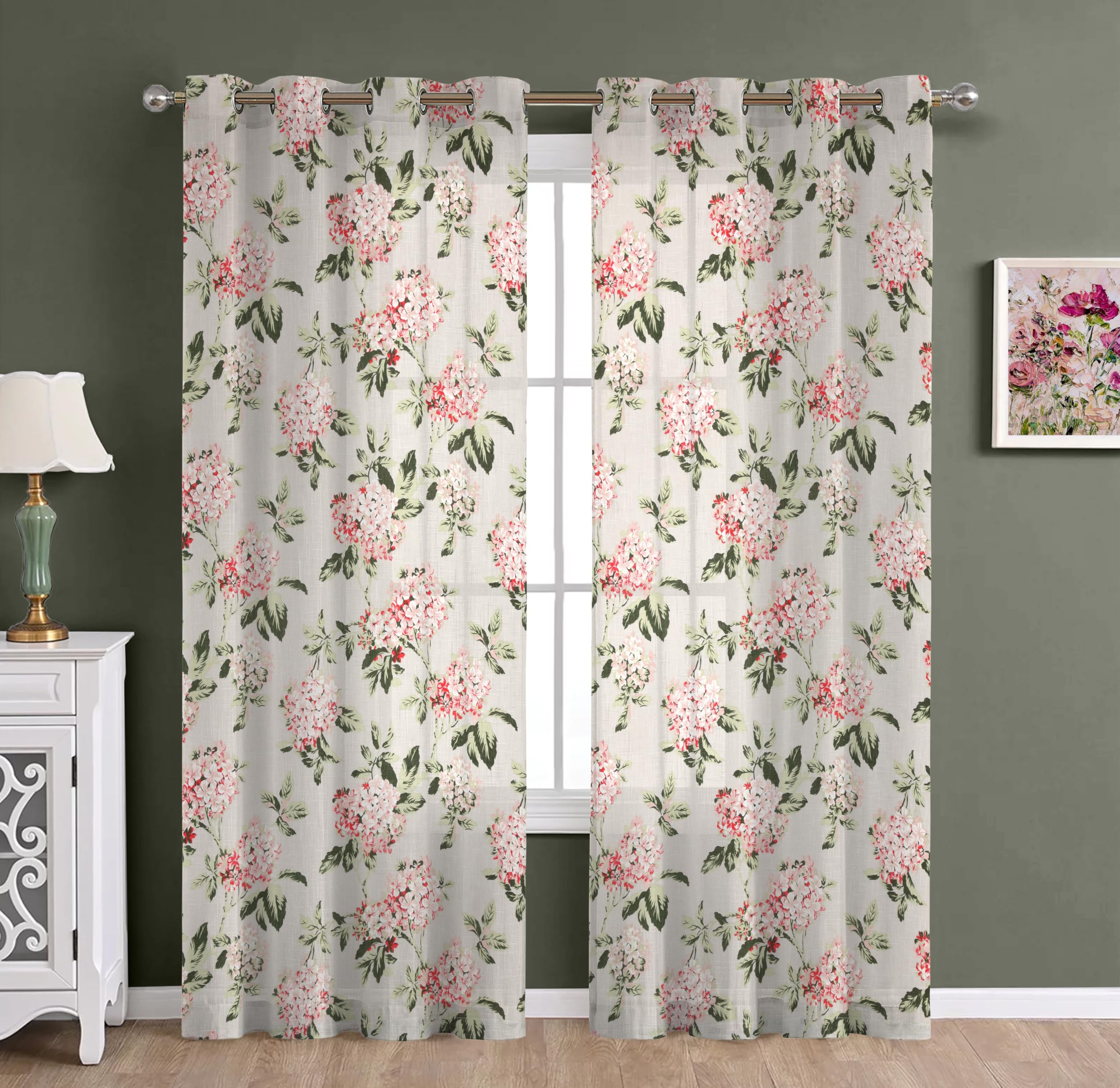 THE LINEN COMPANY Cotton Linen Printed Sheer Curtain Set with Steel Eyelet Rings Window Curtain - 4.5 x 6.5 Feet (Set of 2 -Floral Heaven Green)