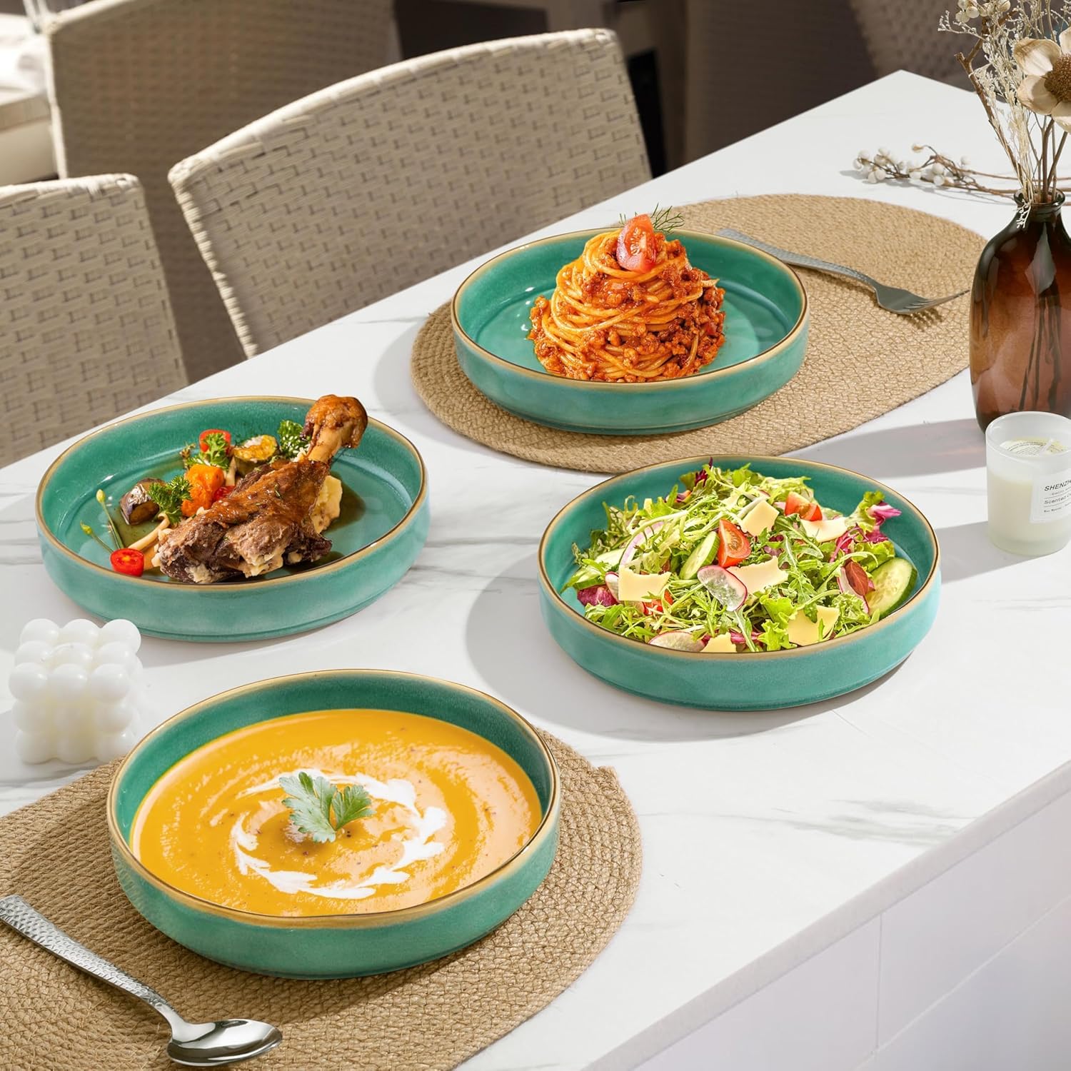 Herogo Stackable Ceramic Dinner Plates Set of 4, 34oz Large Wide Shallow Stoneware Pasta Serving Bowls Dishes Sets for Salad Soup Cereal, Microwave & Dishwasher Safe, Gemstone Green