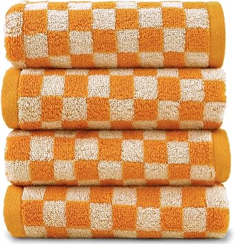 Jacquotha Soft Hand Towels 4 Pack, Orange Checkered Kitchen Towels Set