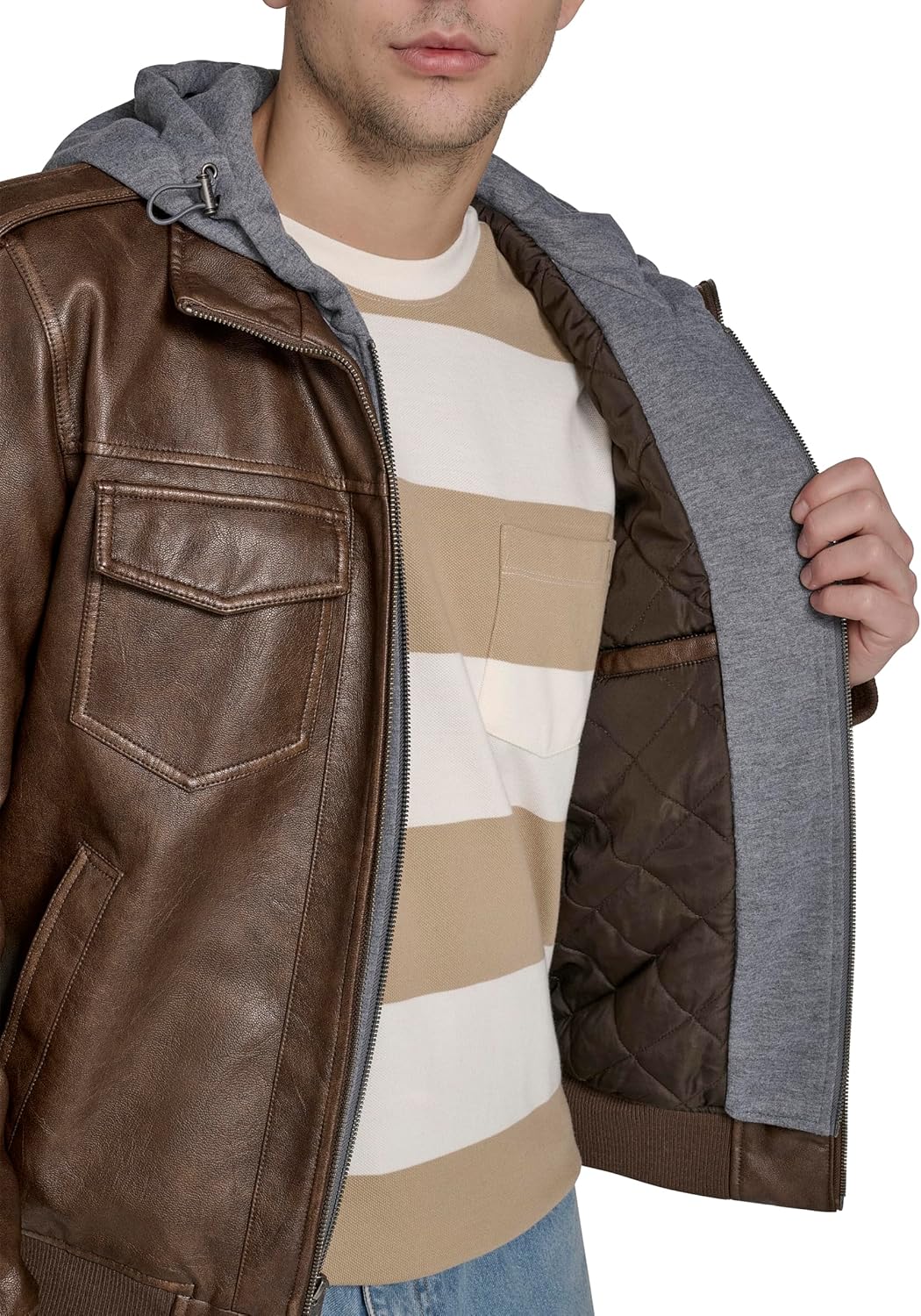 Levi's Men's Faux Leather Aviator Bomber Jacket With Jersey Bib and Hood - Image 6