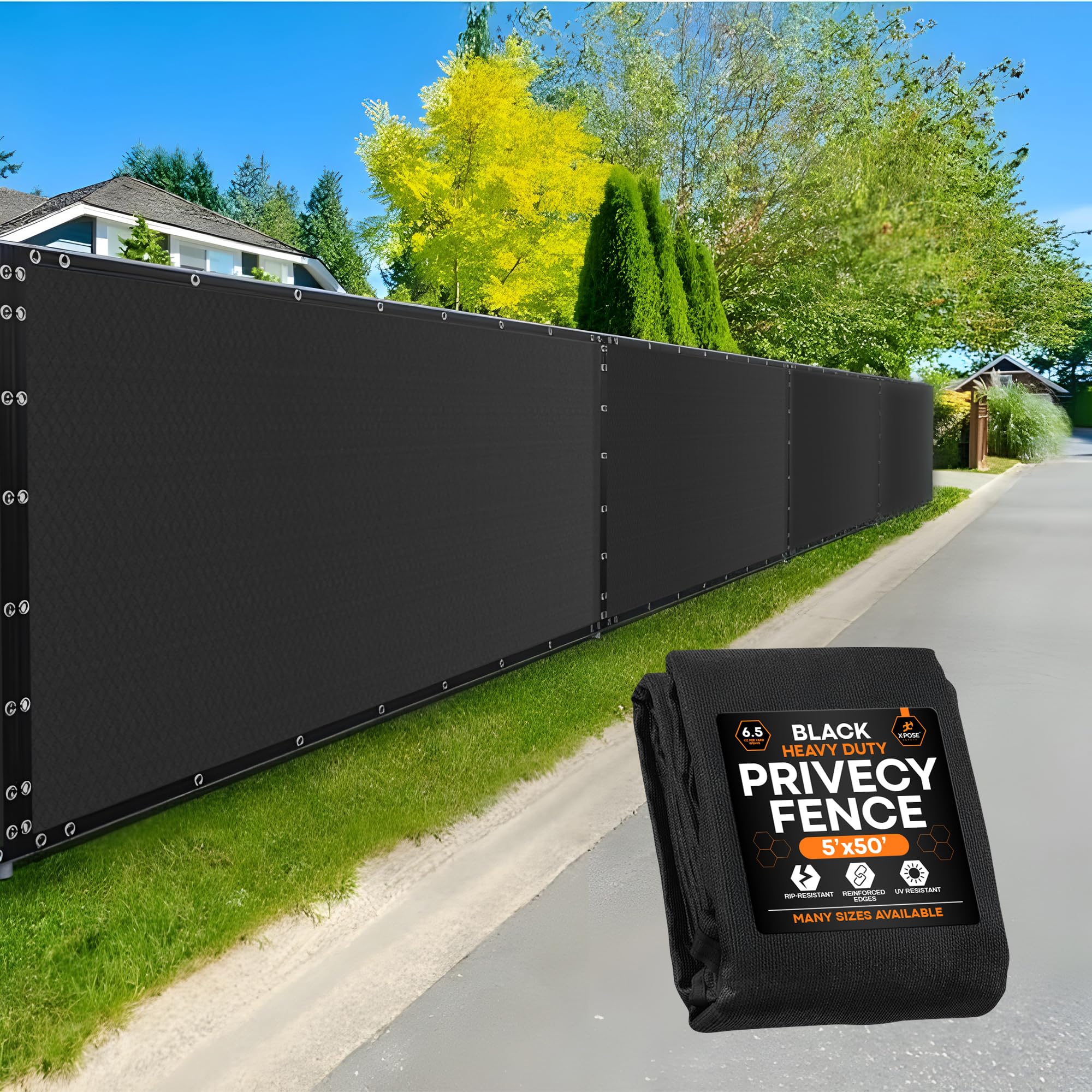 Xpose Safety Privacy Fence Screen 5’ x 50’ – Heavy Duty Black Mesh with 90% Visibility Block, UV Protection – Includes Cable Ties – for Garden, Yard,