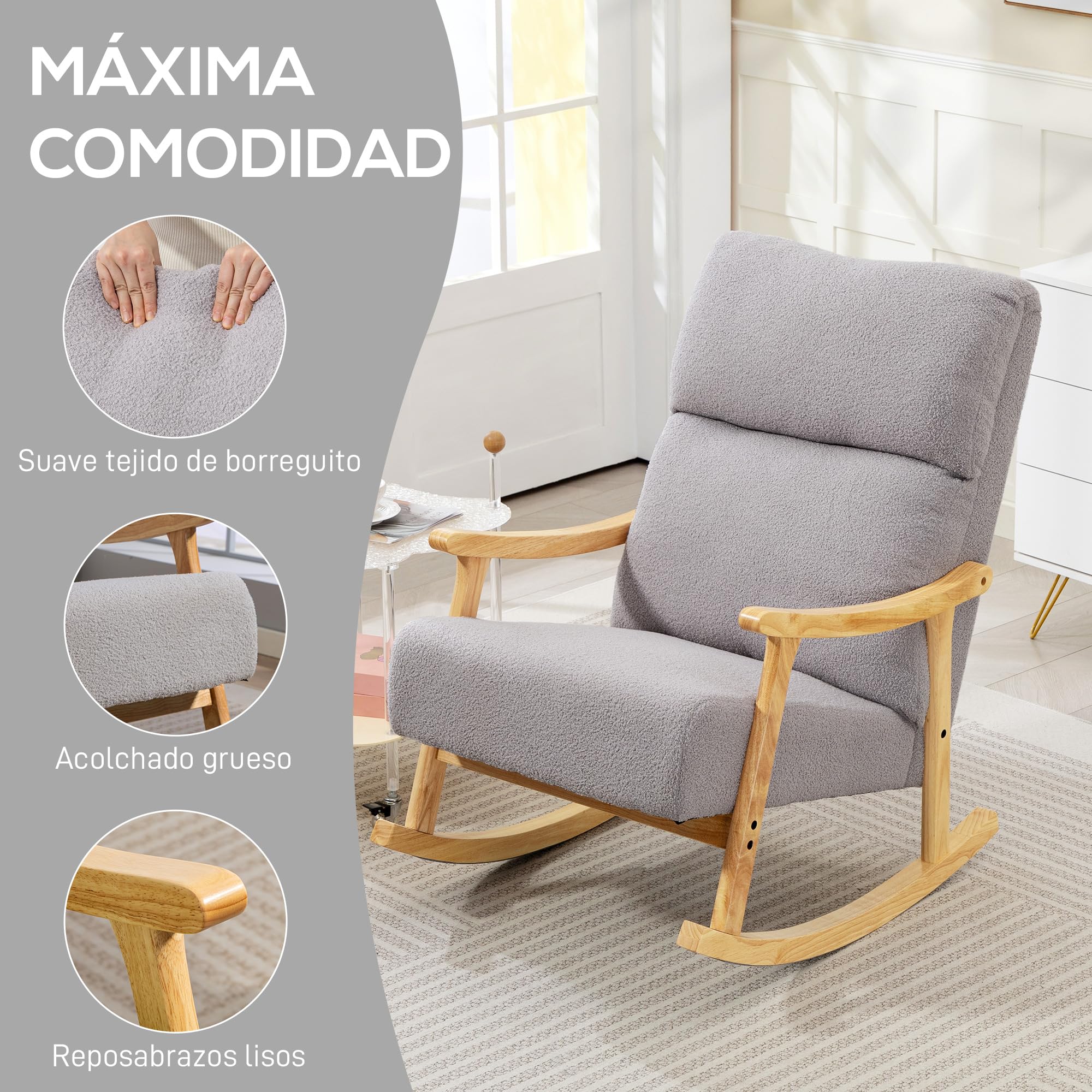 HOMCOM Silla Mecedora de Borreguito Moderna, Mecedora con Patas y Reposabrazos de Madera de Caucho, Respaldo Alto, Carga 120 kg, para Dormitorio, Salón, Gris Claro