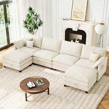 140" U Shaped Modern Modular Sectional Sofa, Chenille Cloud Couch with Storage Ottoman, 4 Seater Deep Seat Couches with Side Pocket for Living Room, Bedroom and Apartment, Beige