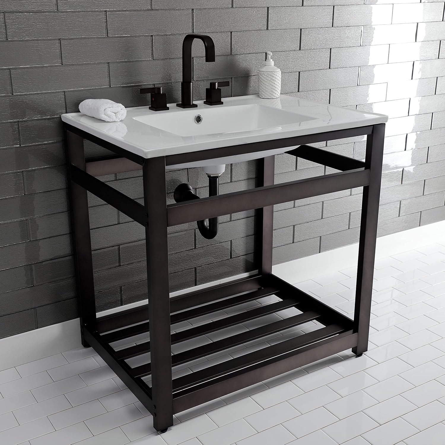 Kingston Brass VWP3122W8A5 Quadras 31-Inch Ceramic Console Sink (8-Inch, 3-Hole), White/Oil Rubbed Bronze
