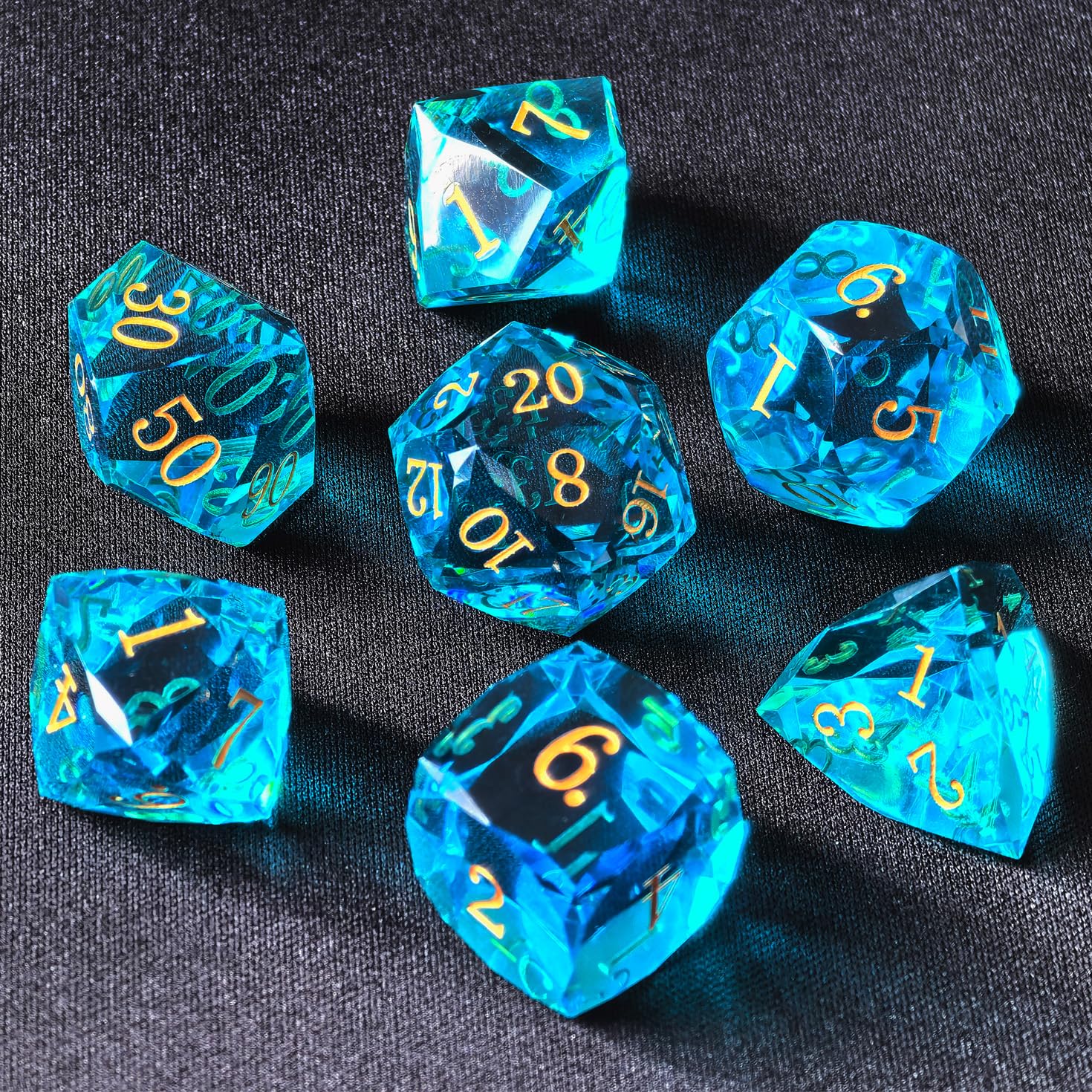 Crystal Multifaceted Polyhedral Dice Set 7 PCS for DND, RPG Tabletop Gaming, Collectors | Tinbox Packing, Gemstone Effect Dice (Aquamarine)