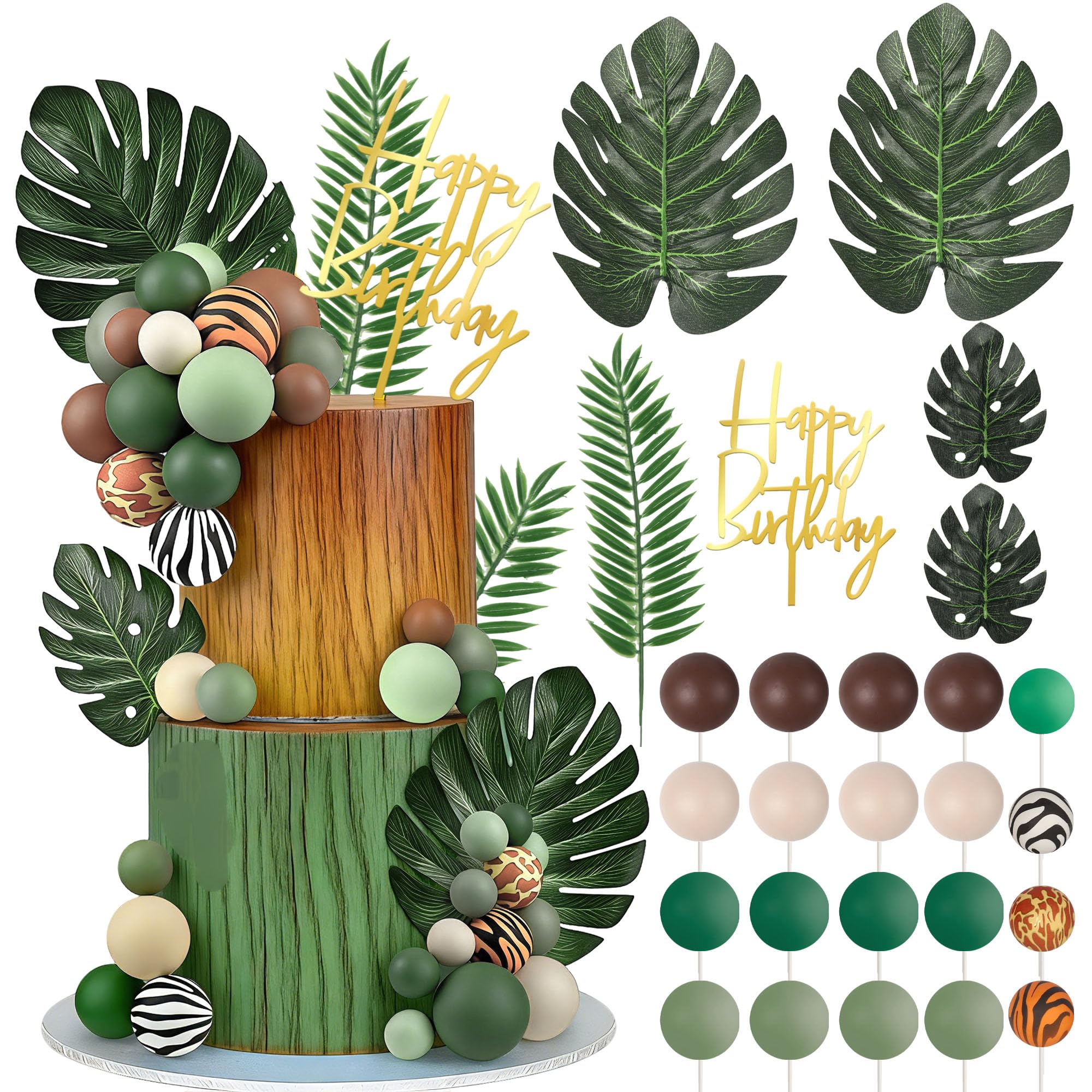 Xsstarmi Jungle Safari Animal Cake Topper Decorations with Palm Leaves Tropical Plants Cake Pick for Jungle Safari Wild Themed Birthday Party DIY Cake Decorations Supplies