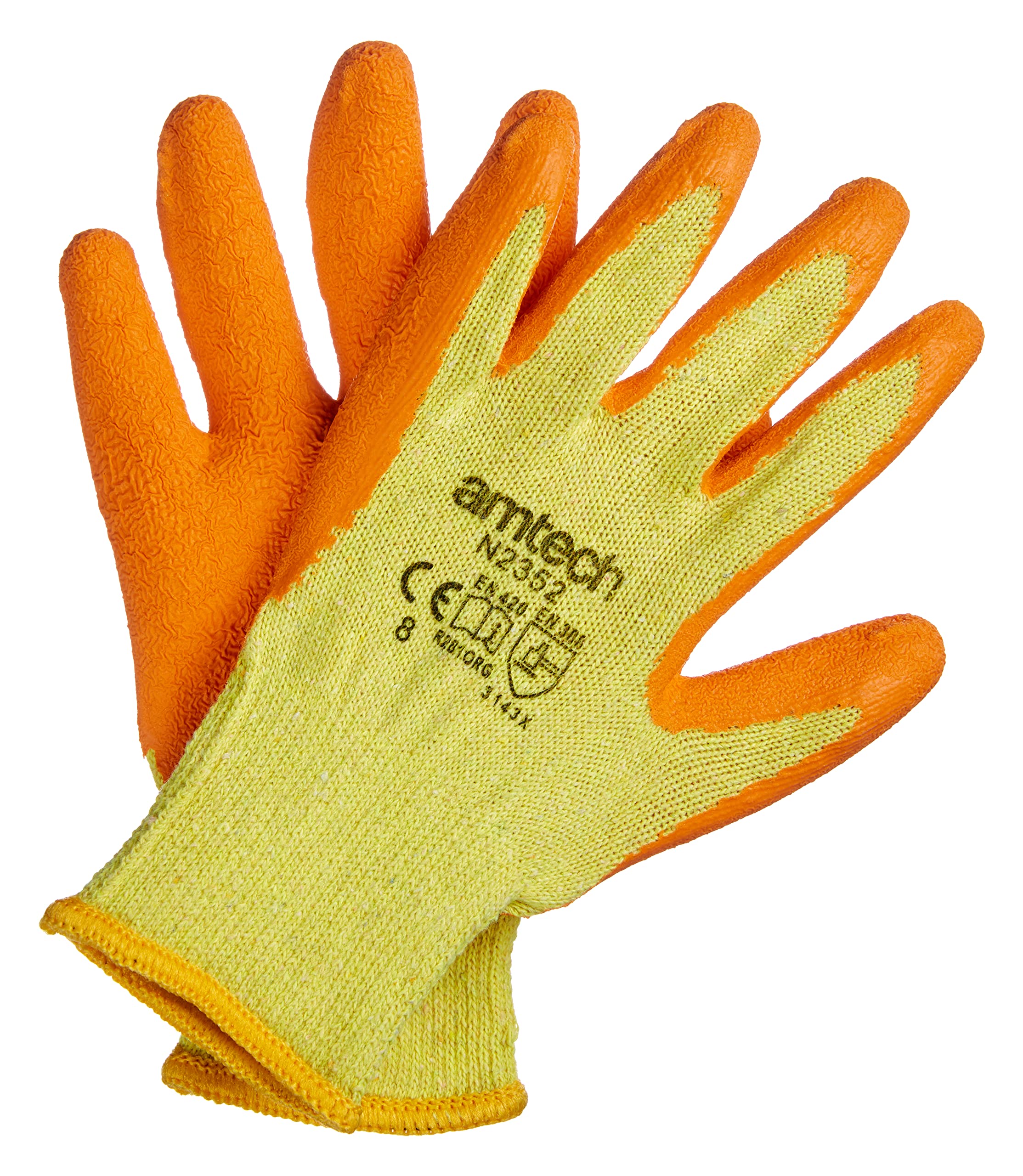 Amtech N2352 Rubber Palm Coated Builders Gloves Medium (Size 8), Certified Quality for Heavy Duty Tasks, Yellow/Orange