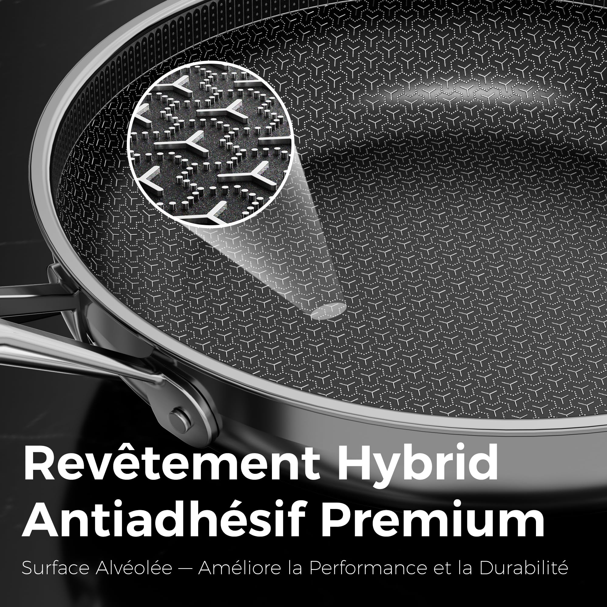 Poêle Hybride Acier Inoxydable 20 cm, Revêtement Céramique Diamant Titane, Structure 5 Couches, Surface Nid d'Abeille Laser, Compatible Induction, Poignée Froide, Lave-vaisselle