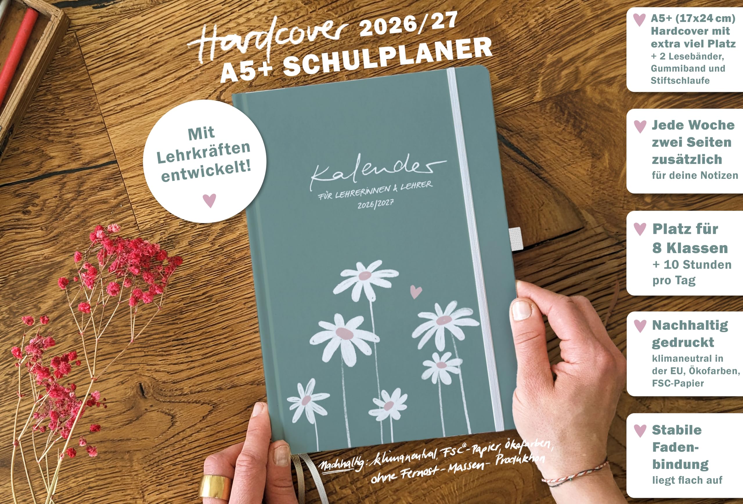 Eine der Guten Lehrerkalender 2026 2027, A5+ Lehrerplaner, 4 Seiten pro Woche, hochwertiger Hardcover Schulplaner für Schuljahr 26/27, mint weiß, 17x24 cm, klimaneutral