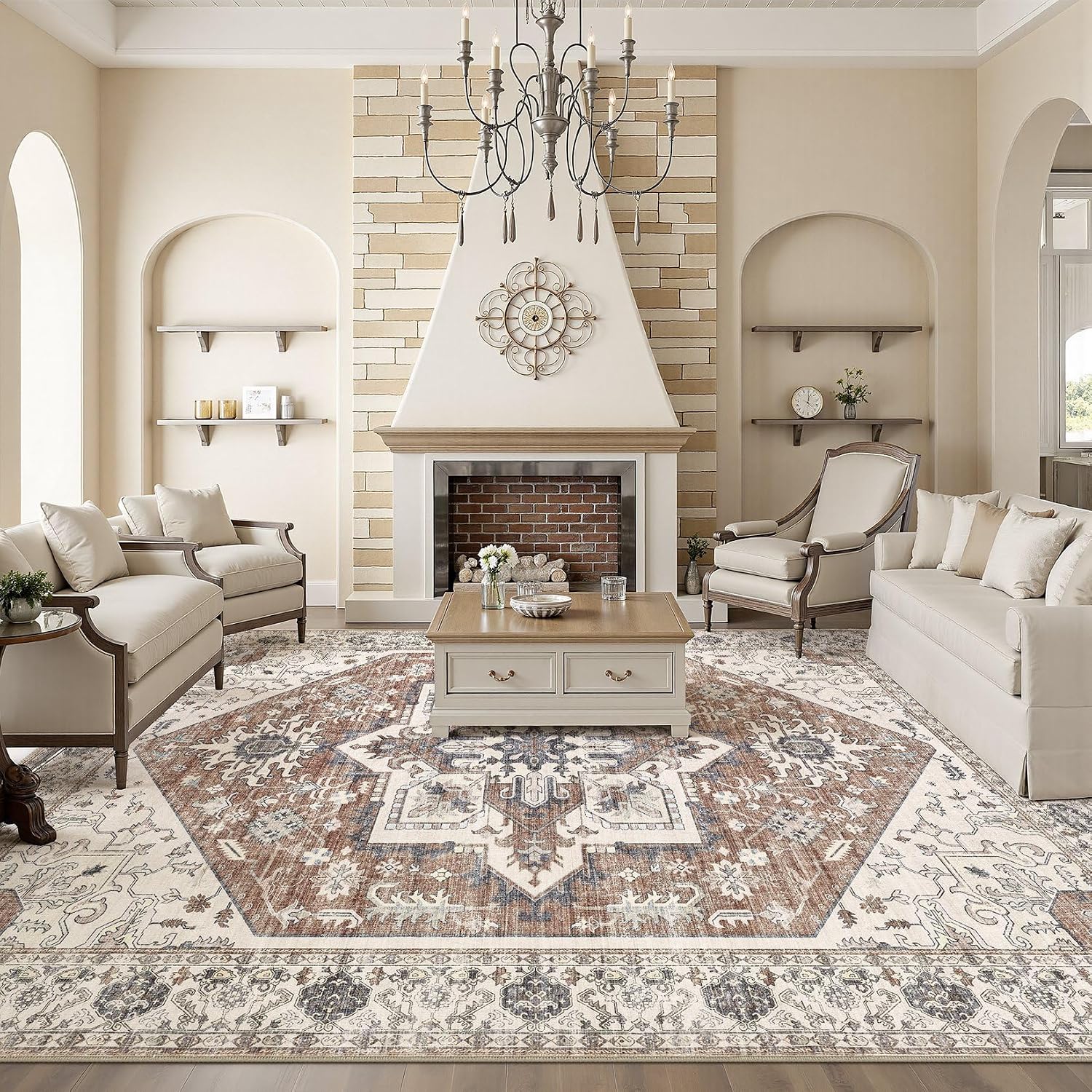 Area Rug 5x7 for Living Room - Washable Oriental Vintage Floral Distressed Large Indoor Carpets with Non Slip Back for Bedroom Dining Room Nursery Office Home Decor -Terracotta/Brown image 2