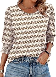 XIEERDUO Women's 3/4 Sleeve Smocked Blouse, Soft Polyester Casual Dressy Top