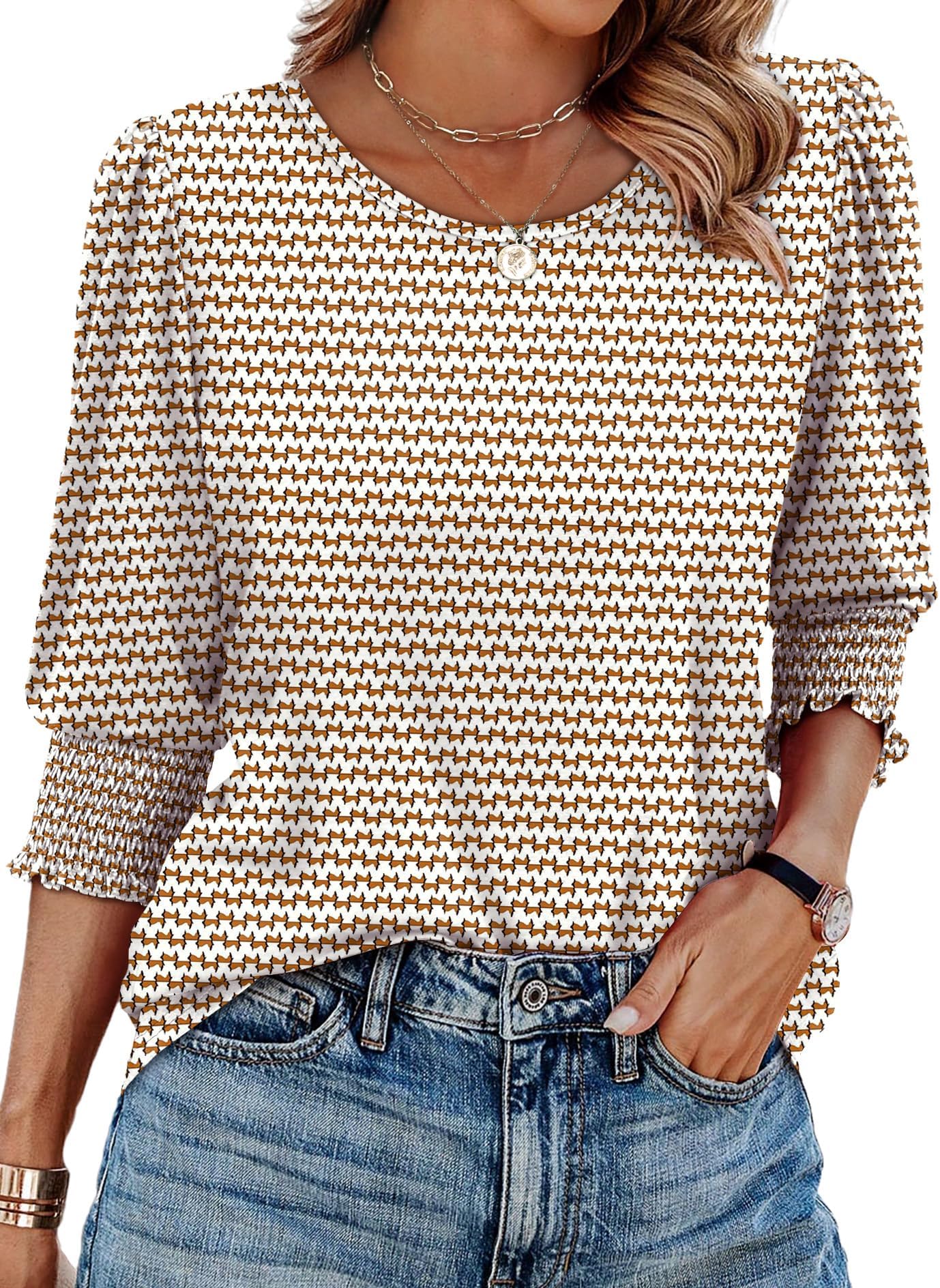 Blouses for Women Dressy Casual 3/4 Length Sleeve Womens Tops with Smocked Cuffs