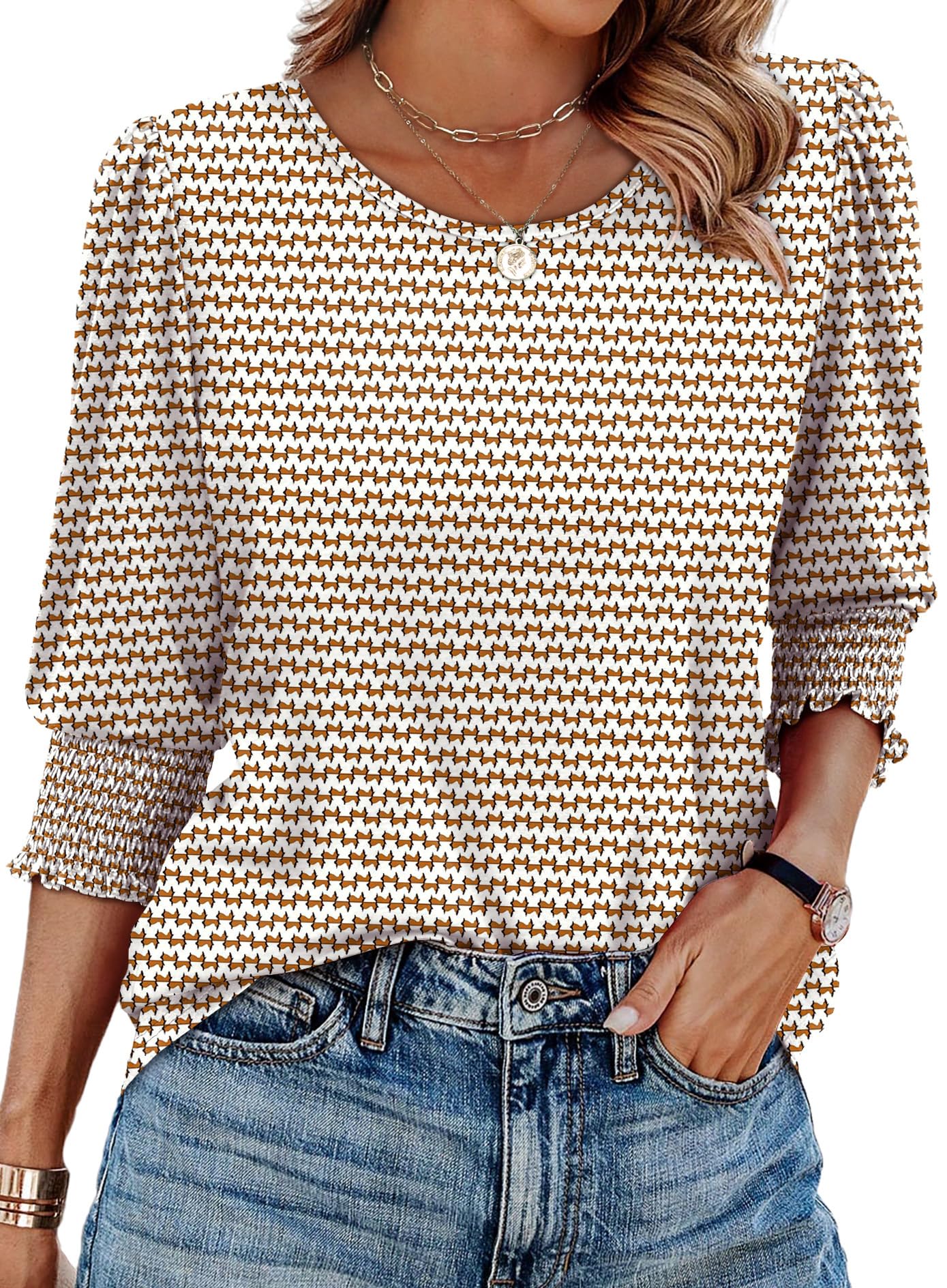 XIEERDUO Blouses for Women Dressy Casual 3/4 Length Sleeve Womens Tops with Smocked Cuffs