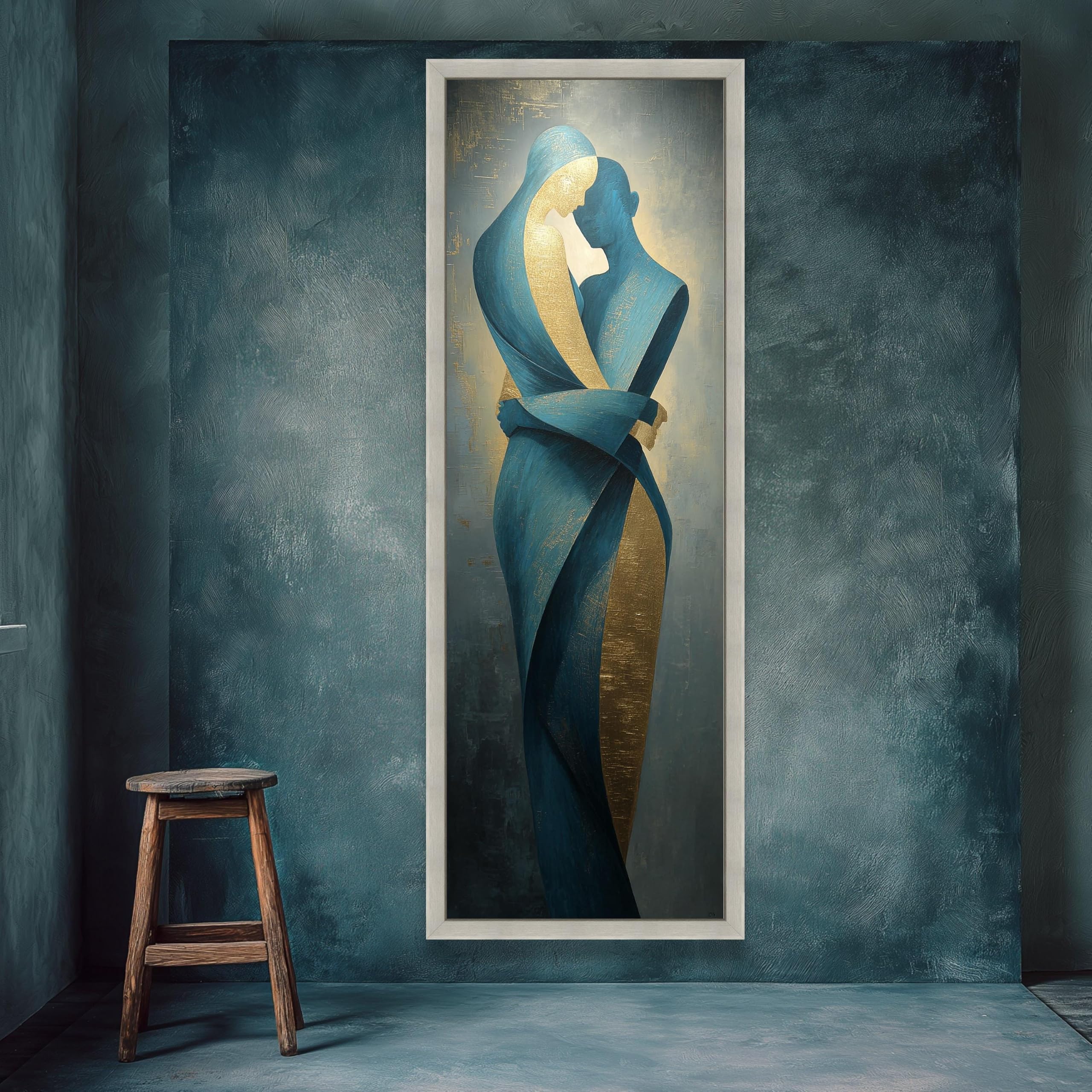 TONGYINLI Cuadro largo y estrecho para pared, lienzo abstracto con la imagen de amantes abrazándose, pintura al óleo romántica sobre lienzo, silueta de pareja (70x210cm/marco interno)