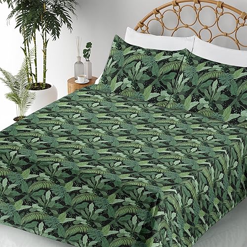 Miniatura 10 de Ambesonne Tropical Sheet Set, Repetitive Exotic Palm Tree Leaf Pattern with Golden Tone Round Shapes, Fitted and Flat Sheet with Pillowcases Bedding