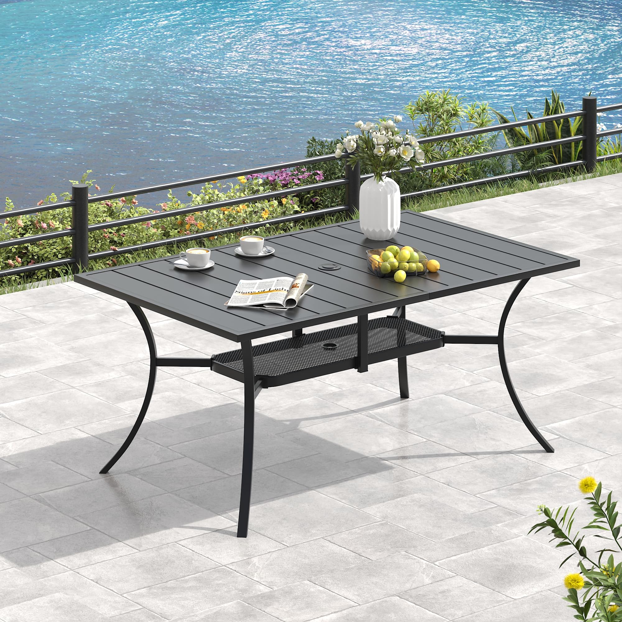 VICLLAX Metal Patio Table for 6, Outdoor Dining Table with Umbrella Hole for Garden Lawn Deck Backyard, Black