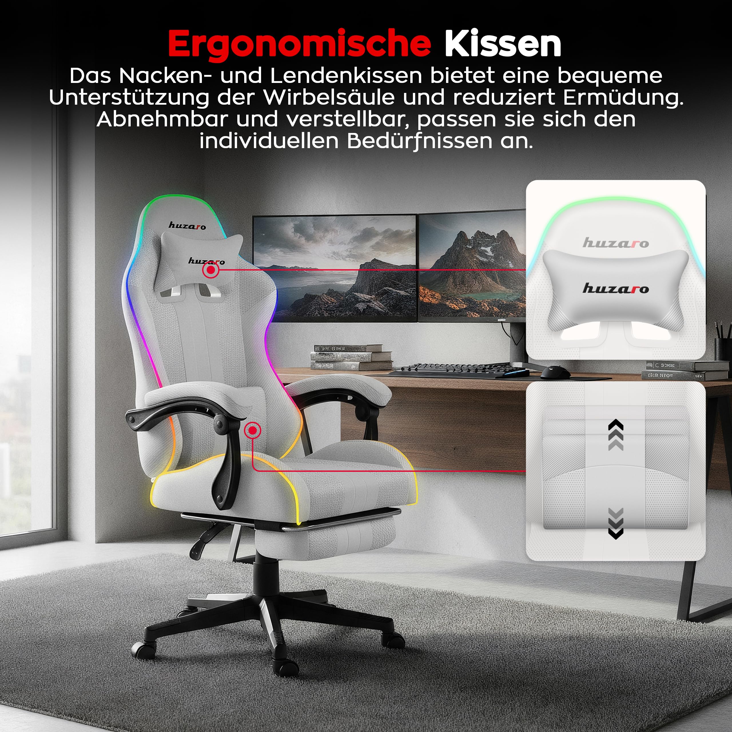 huzaro Force 4.7 RGB Gaming Stuhl - Ergonomischer Bürostuhl & PC Stuhl | Schreibtischstuhl für Gamer - Bis 150 kg belastbar - Mit ausziehbarer Fußstütze & Lendenkissen - Stoff Mesh – Weiß