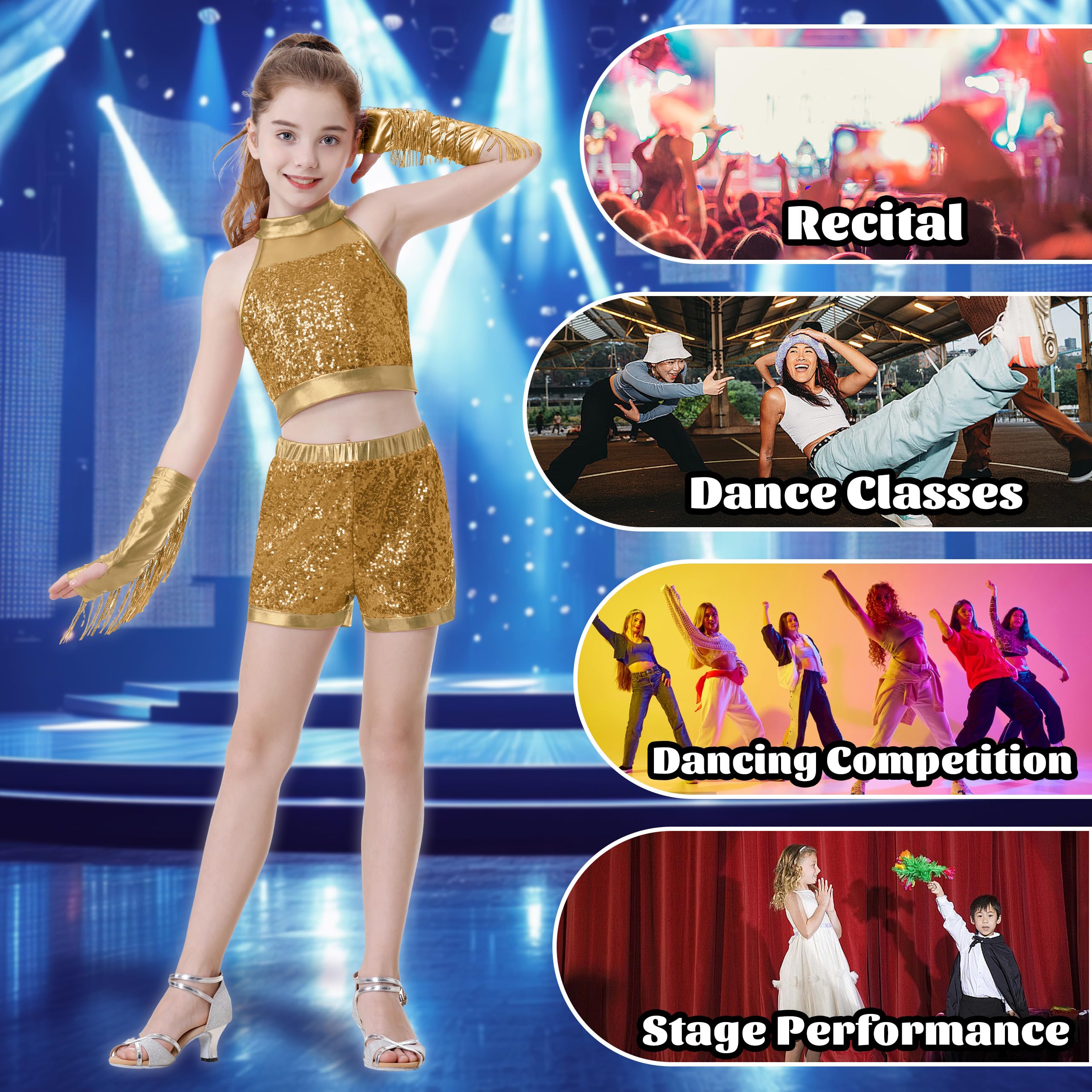 LOLANTA Disfraz de Danza con Lentejuelas para Niñas, Traje de Baile Hip Hop Jazz con Lentejuelas, Ropa de Baile para Niños con Camiseta Sin Mangas y Pantalones Cortos