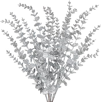 8PCS Christmas Eucalyptus Leaves Glitter Eucalyptus Stems, 65CM Silver Artificial Christmas Tree Decorations, Fake Foliages Xmas Ornaments for Wedding, Party, Flower Arrangement, Wreath, Garland Decor