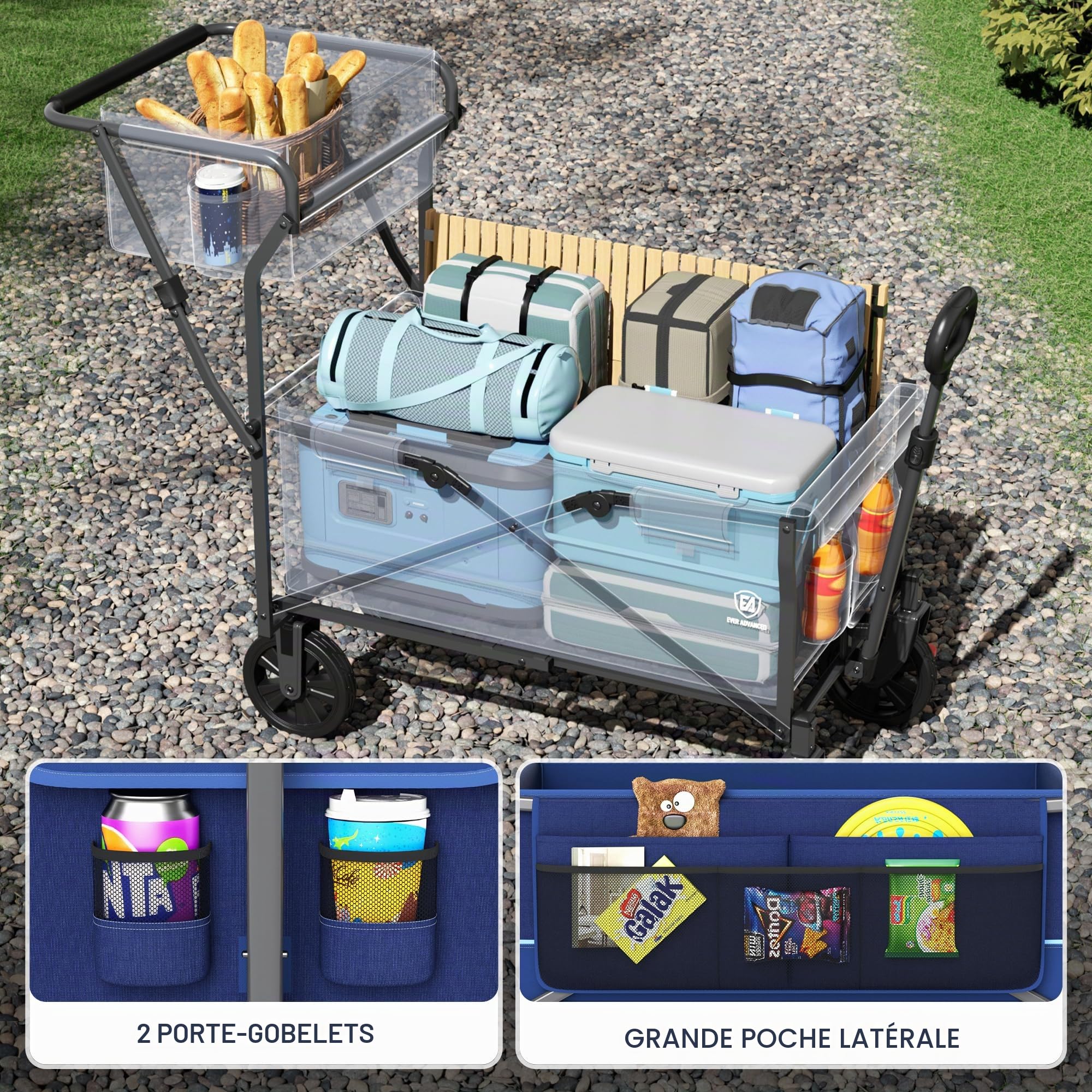 EVER ADVANCED Chariot de Transport Pliable Pousser&Tirer avec Frein, Panier à provisions, Porte-gobelets, Poche latérale, Chariot de Plage jusqu'à 100kg pour Camping, Plage, Courses