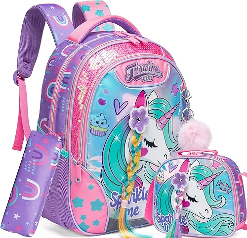 Juego de mochila 3 en 1 para niñas con purpurina mágica ligera mochila escolar para niñas y niños mochila brillante con lonchera A Unicorn Bag 02