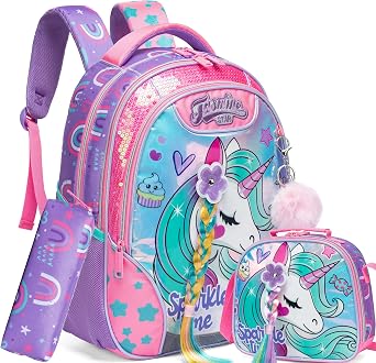 Backpack for Girls 16" Backpacks for Girls for School Sequin Backpack with Lunch Box for Elementary Students