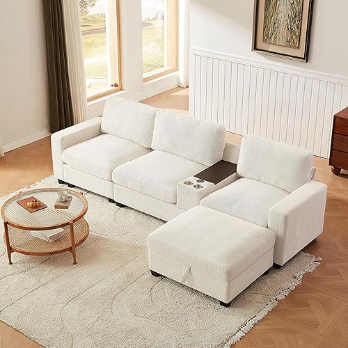 Miniatura 3 de Sofá modular de 122 pulgadas con consola y portavasos, sofá en forma de L con diván convertible, sofá de 4 asientos con otomana de almacenamiento,