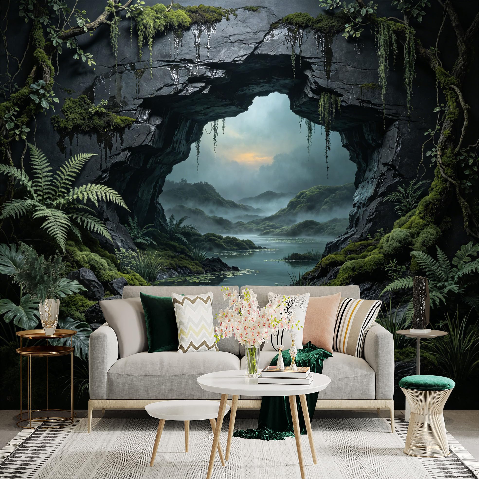 Custom Size Wall Sticker Mural， Misty Forest Cave with Water Lily Pond and Green Moss， for wall Decoration， peelandstick wall Decals.