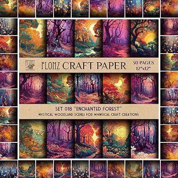 Scrapbook Paper 30 Pages 12"x12" Enchanted Forest Mystical Woodland Scenes for Whimsical Craft Creations FLONZ Vintage Styled Double Sided Paper Pad for Craft Cardmaking