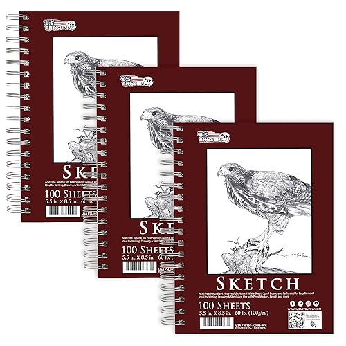 U.S. Art Supply 5.5"x8.5" Sketch Book Pad, 3 Pack (100 Sheets Each), 60lb (100gsm) Spiral Bound - Sketching, Drawing Pad, Acid-Free Paper - Sketch Pads for Adults, Students: Colored Pencils, Charcoal - 5.5-x-8.5-inch