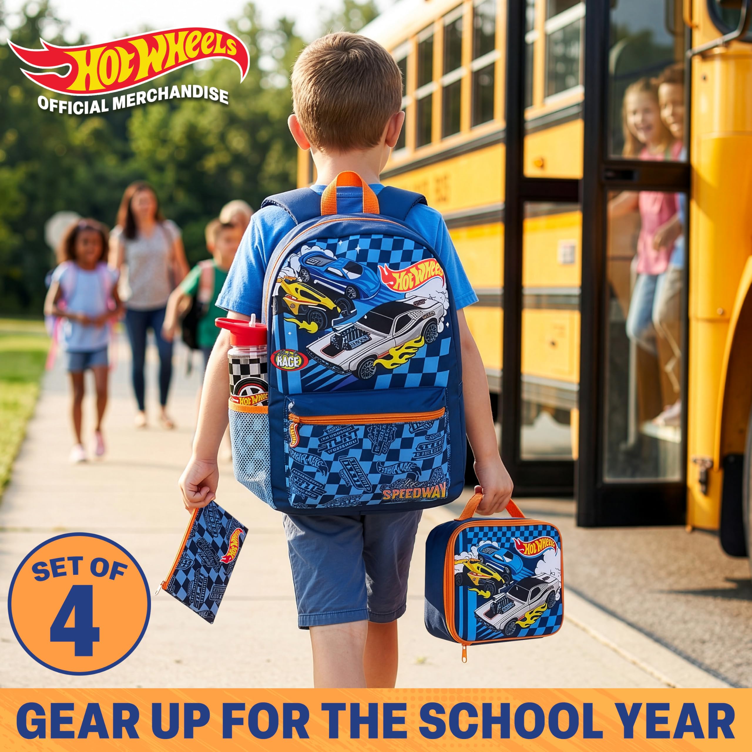 Get Trend Hot Wheels Sac a Dos Garcon Set, 4 Pcs Cartable Enfant Gourde 500 ML Sac Isotherme Repas Enfant et Trousse Scolaire (Multi Hot Wheels)