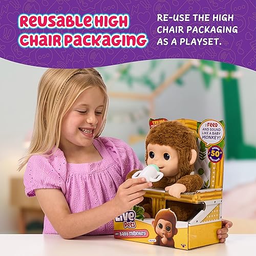 Miniatura 6 de Little Live Pets My Baby Monkey Mango, más de 50 sonidos y reacciones, juego de peluche interactivo de mono con accesorios, mascotas interactivas