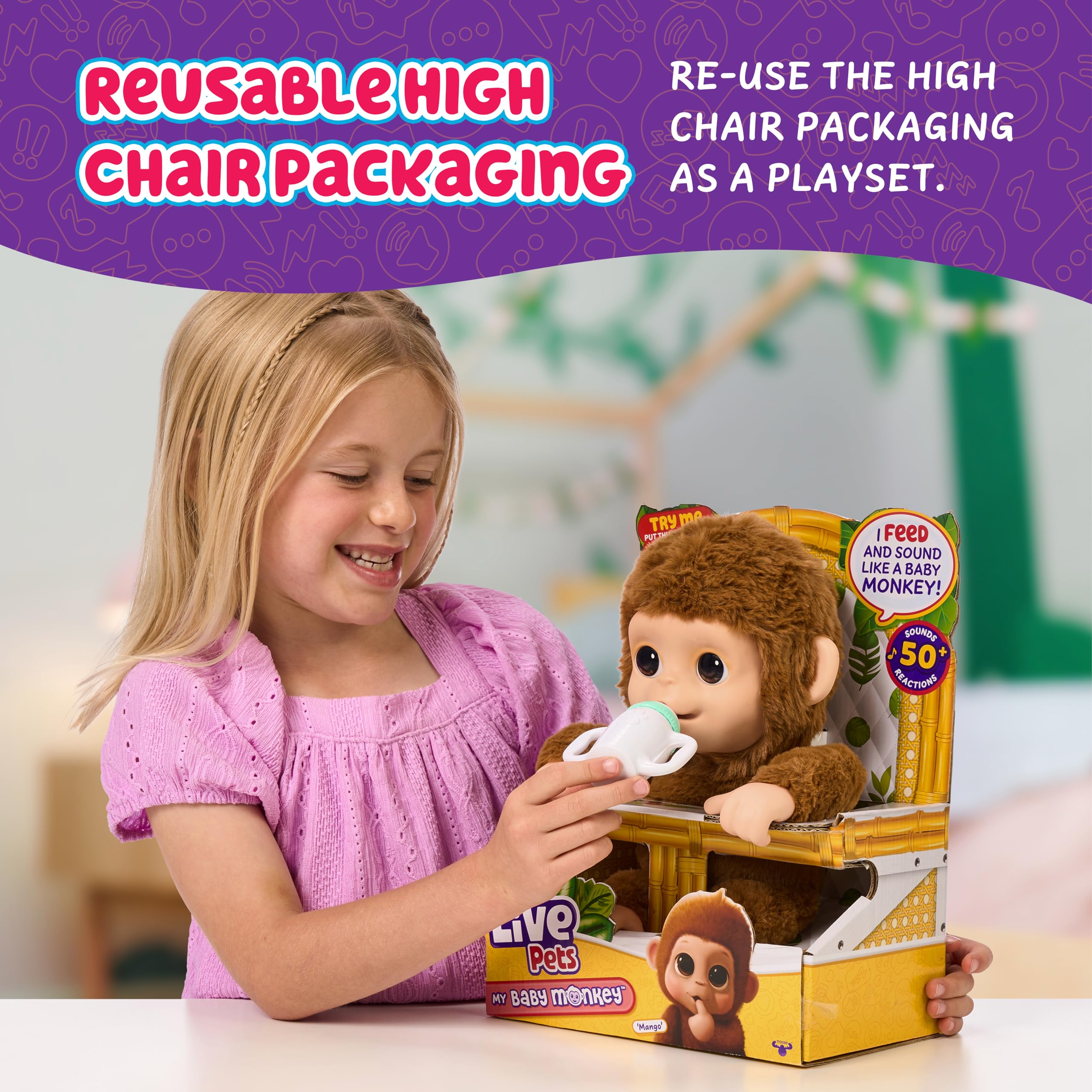 Little Live Pets My Baby Monkey Mango, 50+ Sounds and Reactions, Plush Interactive Monkey Toy Set with Accessories, Interactive Pets for Kids Ages 4+