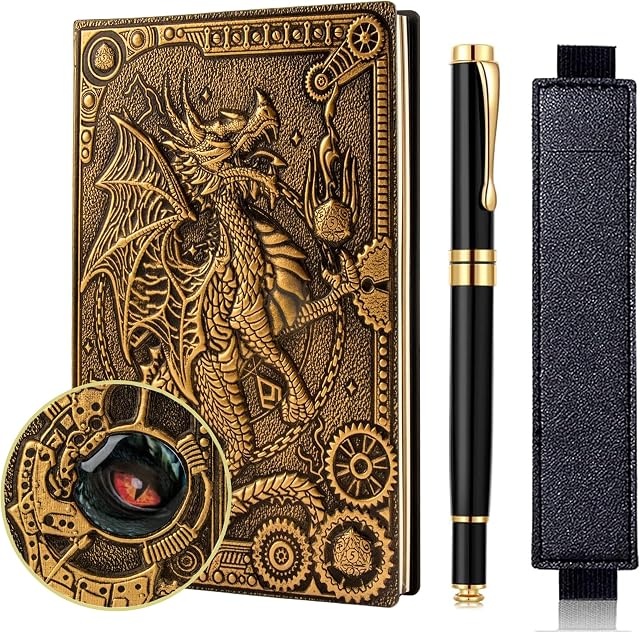 FEIDIAO Vintage Flying Dragon Notebook,DND Travel Journal,A5 Daily with Ballpoint Pen and Pen Sleeve,3D Emboss