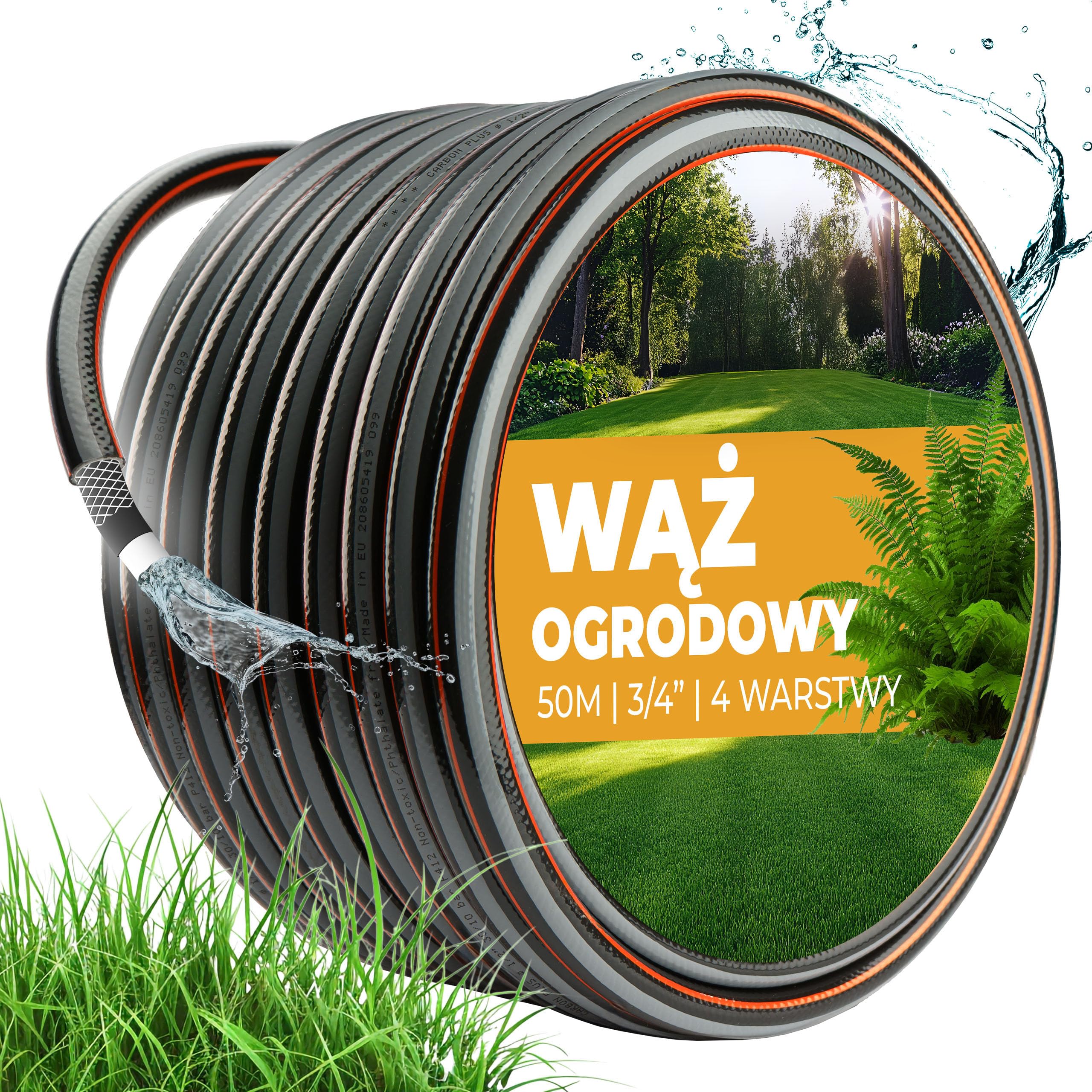 Wąż Ogrodowy Zwijany 4 Warstwowy Mocny Wąż Do Ogrodu ¾” 50m Odporny na Warunki Atmosferyczne, Promieniowanie UV Czarno-Pomarańczowy