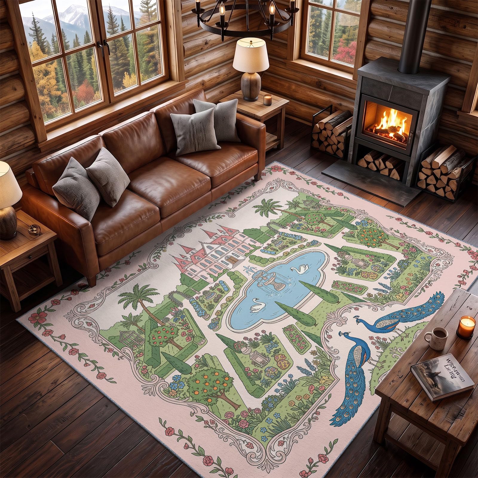 Teppich Wohnzimmer Schloss Pfau Schwan Muster 140 × 200 cm