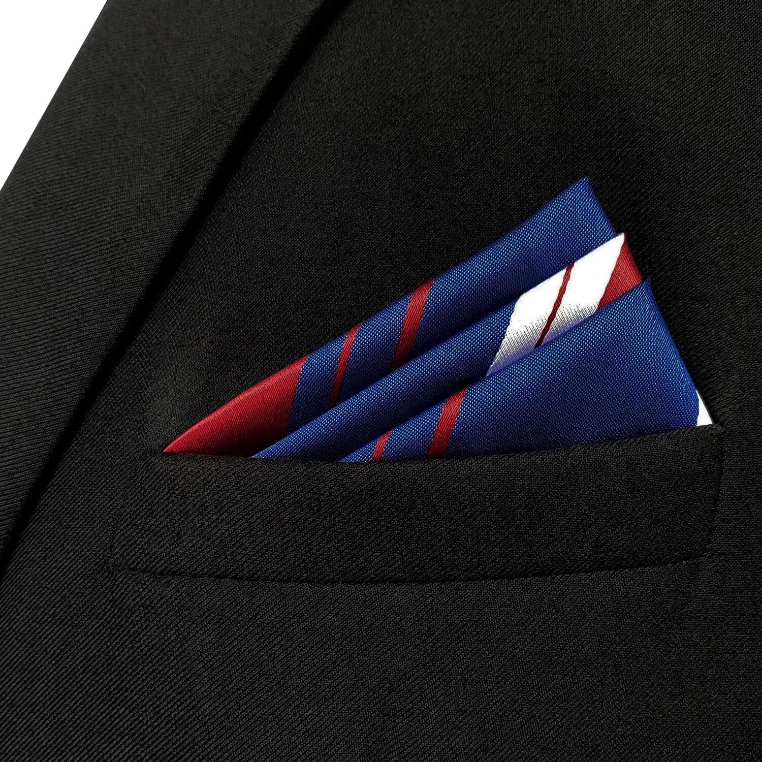 S&W SHLAX&WING New Pocket Squares for Men Blue with Red White Stripes for Party