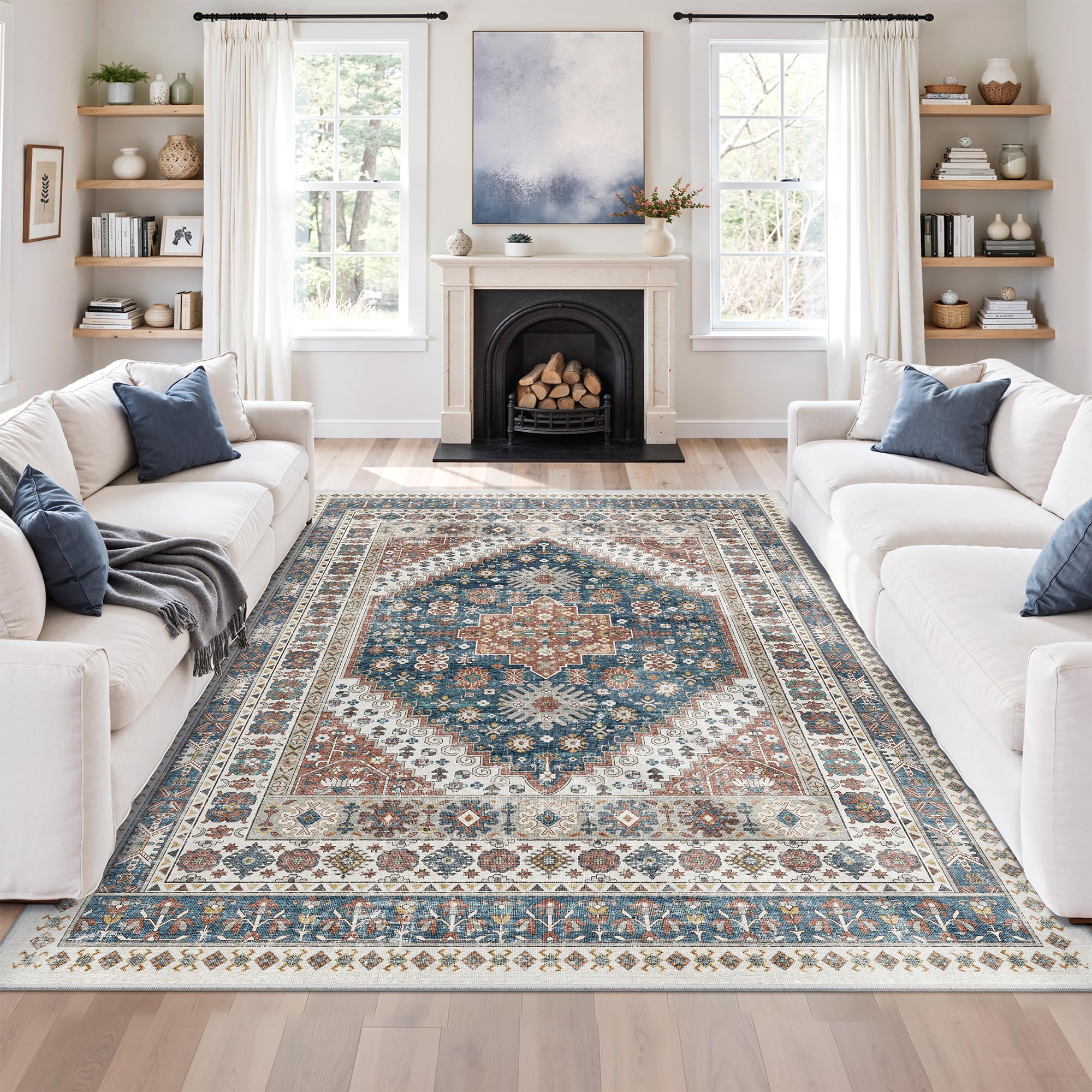 zesthome 6x9 Area Rug, Super Soft Washable Rugs for Living Room, Non-Slip Stain Resistant Vintage Rugs, Ultra-Thin Large Area Rugs (Navy Blue/Red,6'x9