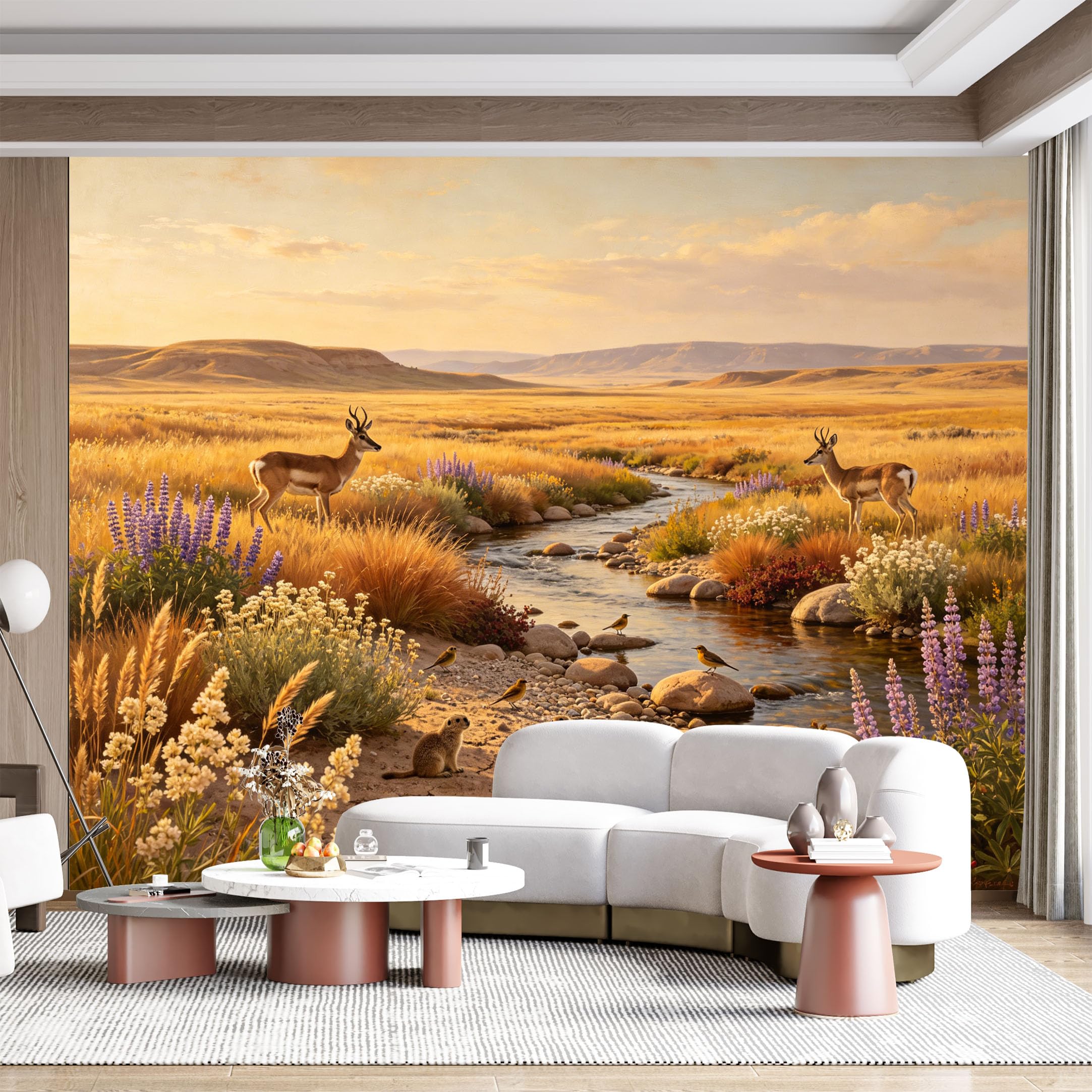 Custom Size Wall Mural Golden Prairie Wildlife River Landscape Watercolor Painting SelfAdhesive Wall Fabric Removable for Home Office Decor
