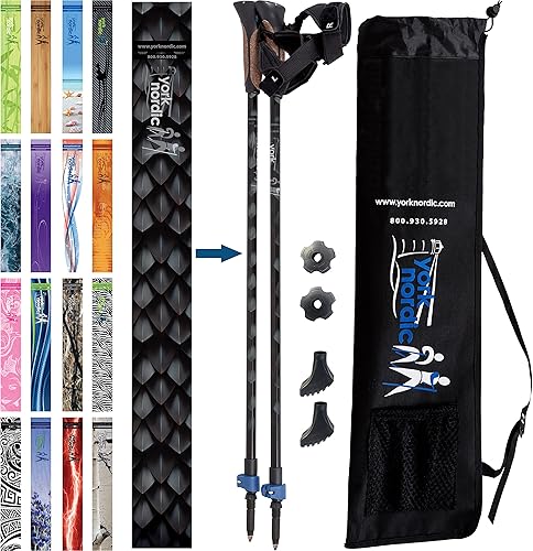 Miniatura 10 de York Nordic - Bastones de senderismo nórdicos auténticos y clásicos, ligeros, ajustables y plegables, 2 piezas con cerraduras abatibles, pies