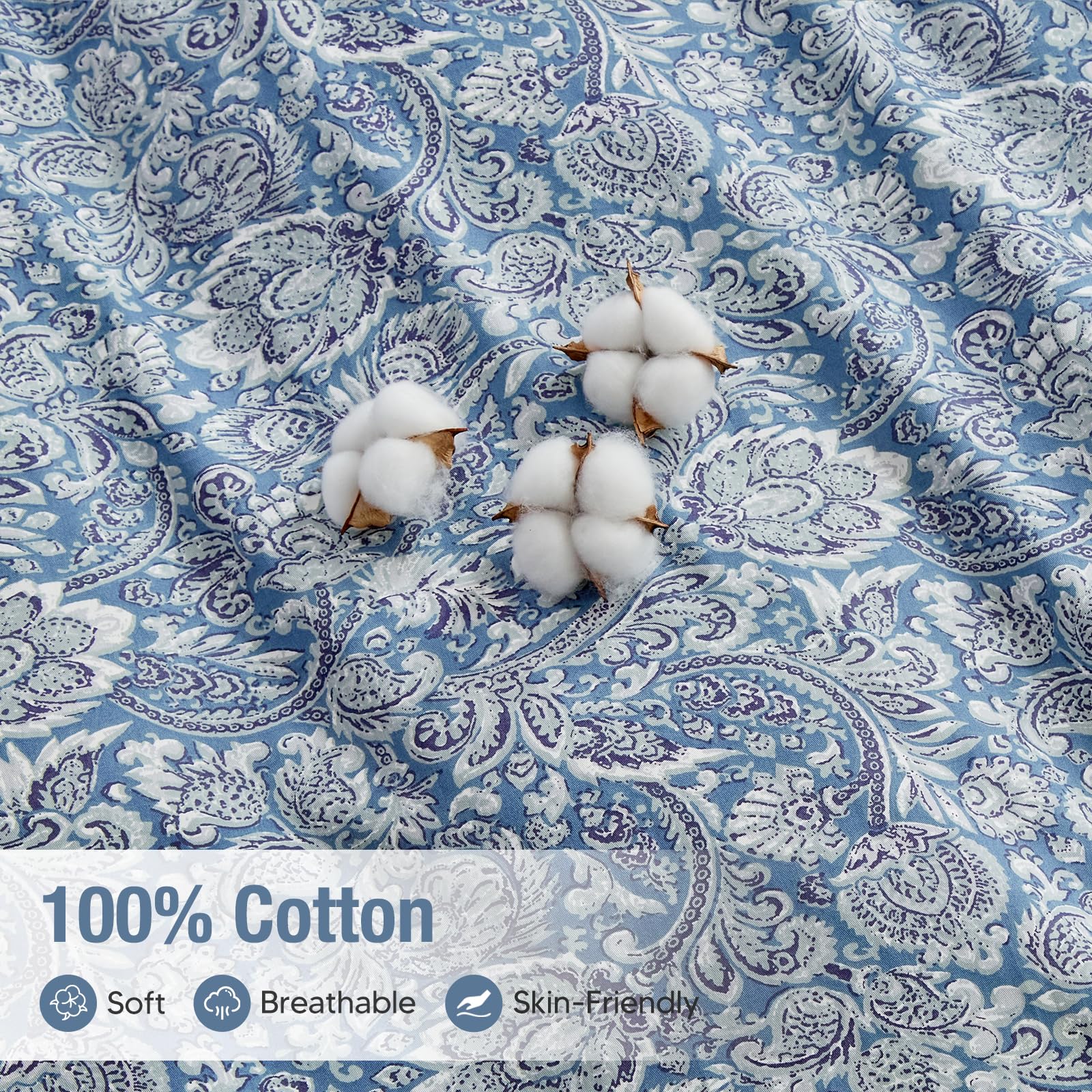 Lekesky 100% Cotton Duvet Cover Sets Blue Bohemian Bedding, Classic Paisley Print Double Duvet Set (1x Quilt Cover - Image 3